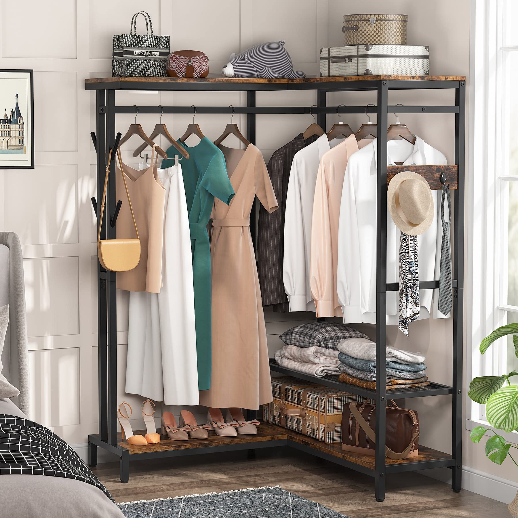 Tribesigns Corner Clothes Rack L Shape Garment Rack With Double ...