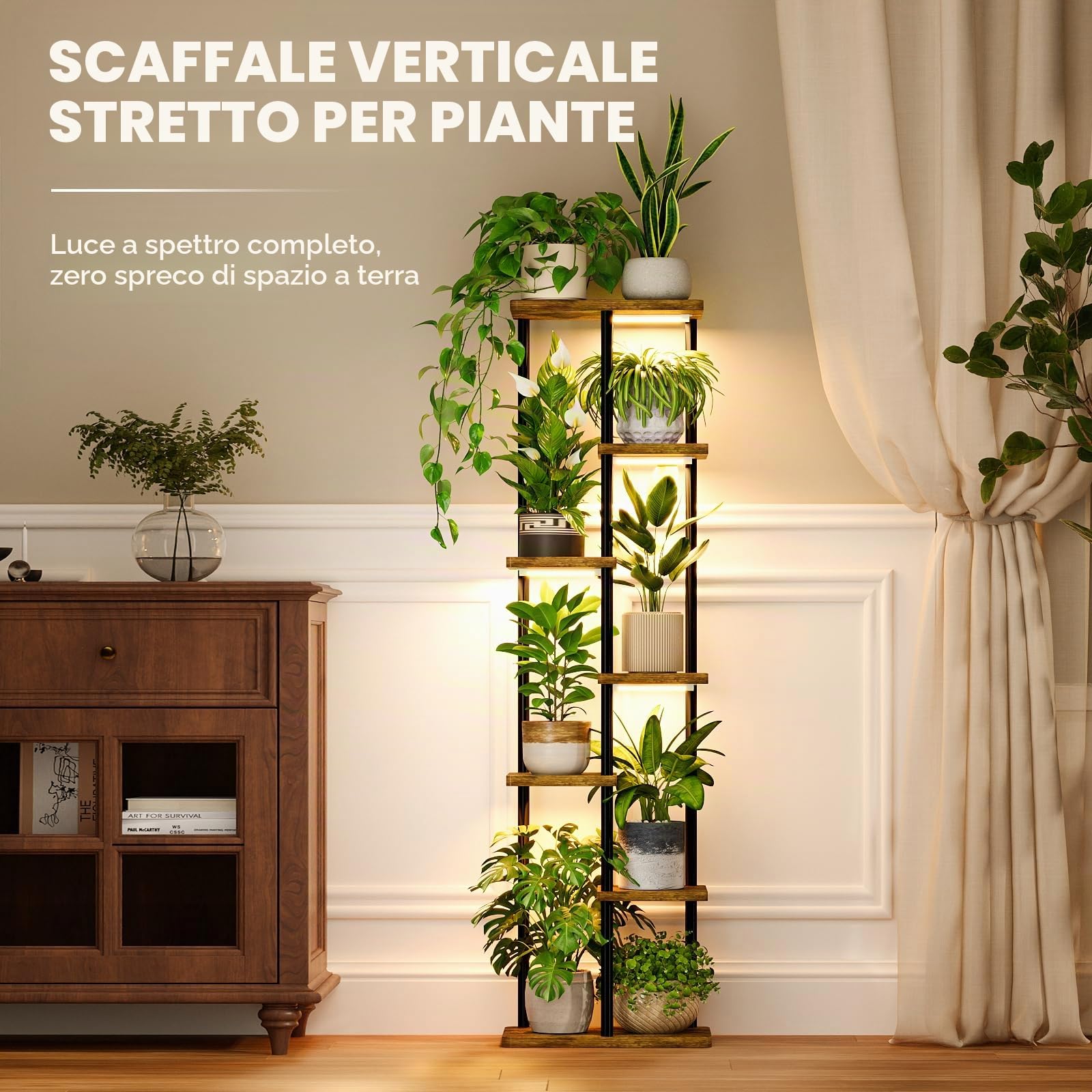 Bamworld Mensola per piante con luce crescente per piante da interno, angolo a 7 livelli, supporto per piante in metallo, supporto per fiori in legno per casa, soggiorno, decorazione patio