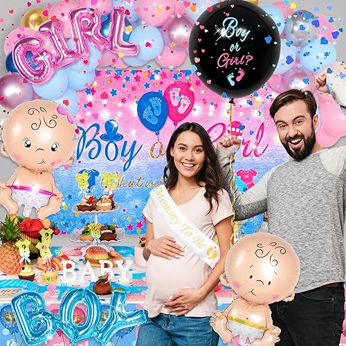 Miniatura 7 de HJINGY Decoraciones de revelación de género para bebés, suministros para fiesta de revelación de género para niños o niñas, incluye globos de