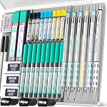 Nicpro Blocky Gear Art Mechanical Pencil Set with Case, 36PCS Metal Mechanical Pencils 0.5, 0.7, 0.9mm & 2mm Lead Holder for Drawing Sketching with 20 Tubes (6B 4B 2B HB 2H 4H Colors) Lead Refills