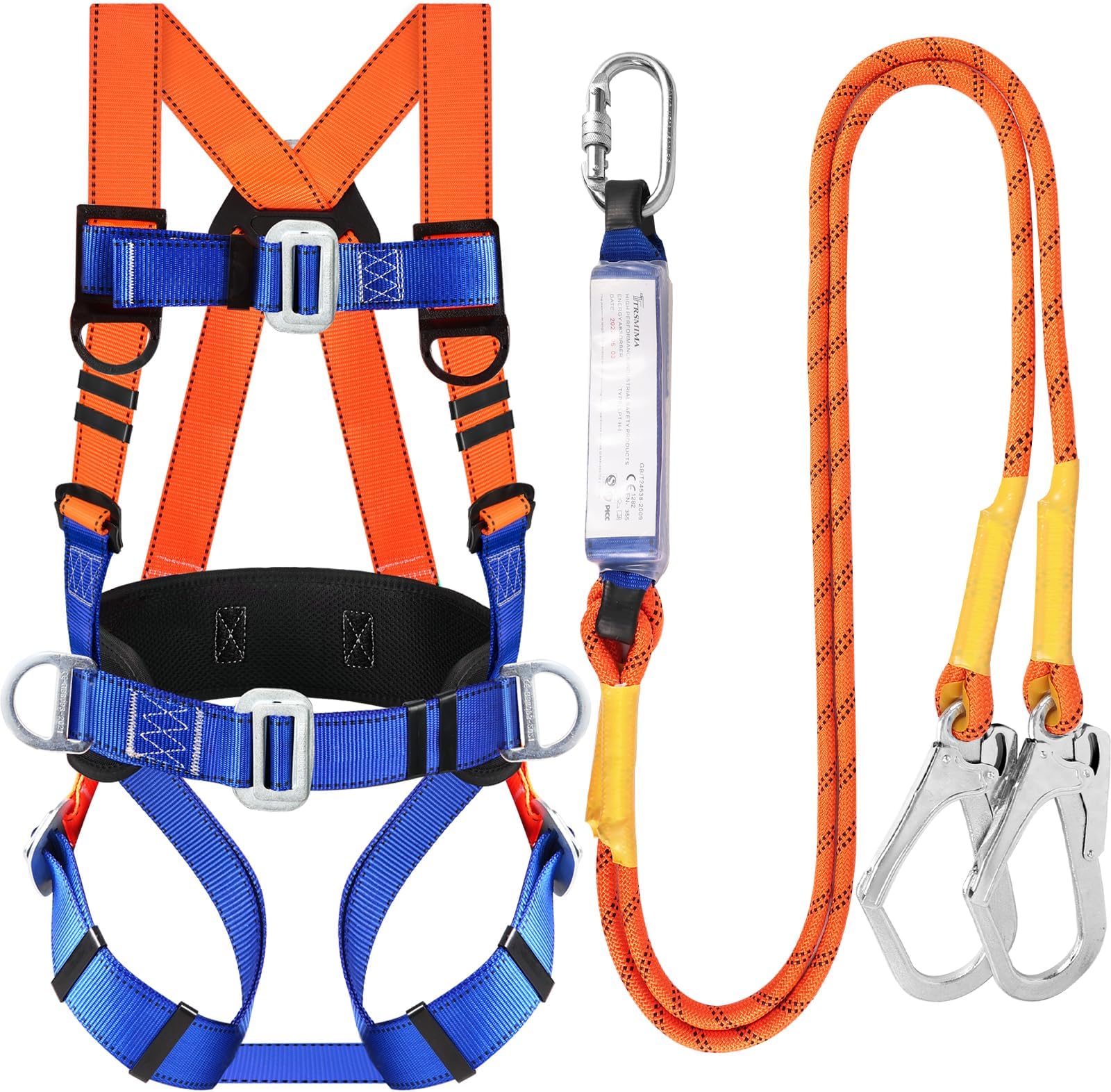 TT TRSMIMA Safety Harness Fall Protection Kit: Full Body Roofing harnesses | Men Construction Harness Kit with Shock Absorbing Lanyard - Updated Paded for Roof Work