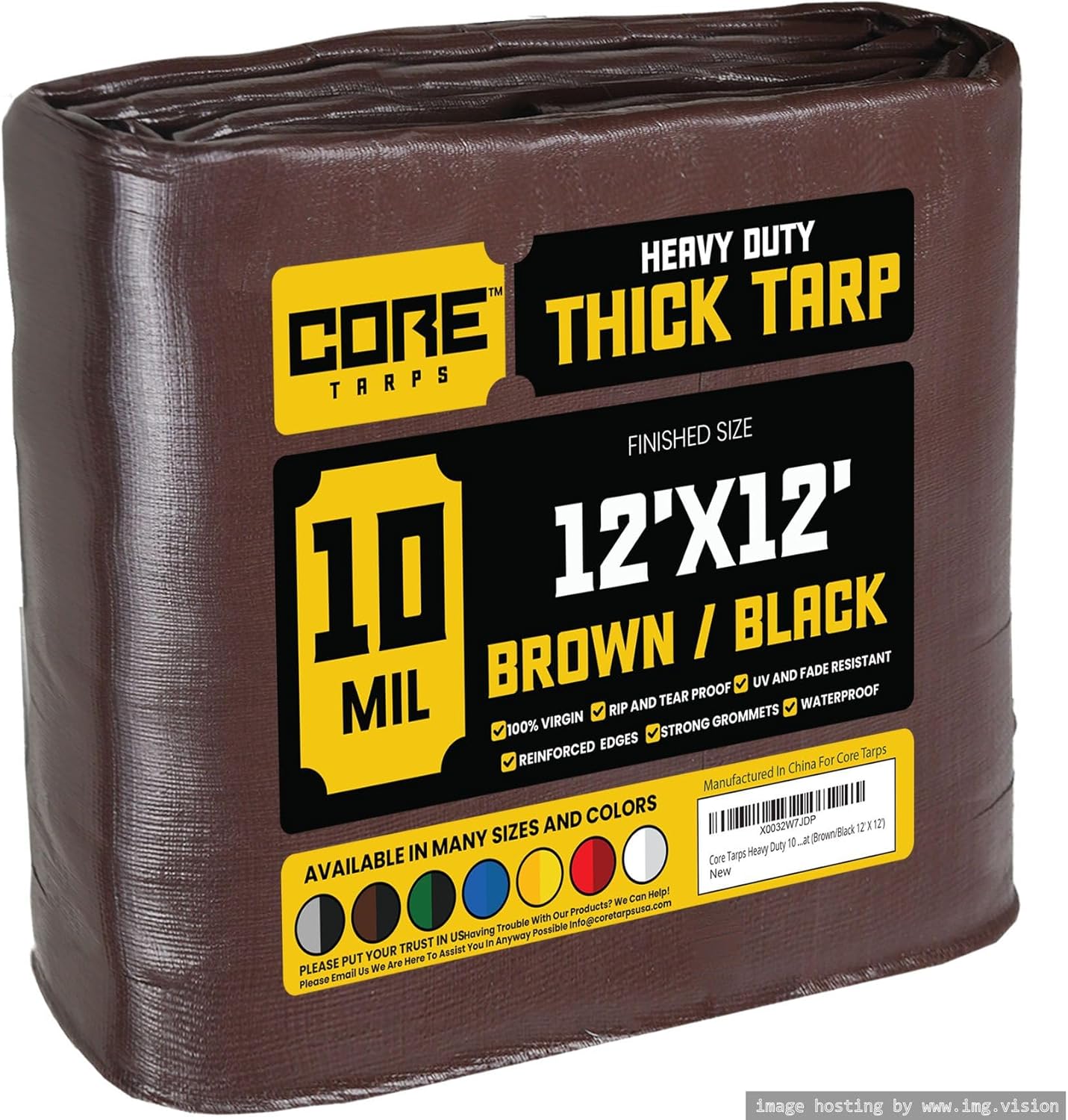 Core Tarps Heavy Duty 10 Mil Tarp Cover, Waterproof, UV Resistant, Rip and Tear Proof, Poly Tarpaulin with Reinforced Edges for Roof, Camping, Patio, Pool, Boat (Brown/Black 12 X 12)
