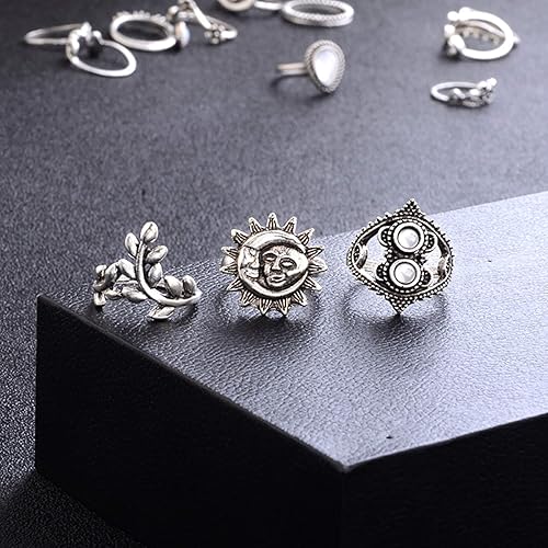 Miniatura 6 de Exquisito anillo de estilo fresco para mujer, 14 piezas vintage con forma de luna de girasol para mujer, juego de anillos de dedo para mujeresniñas