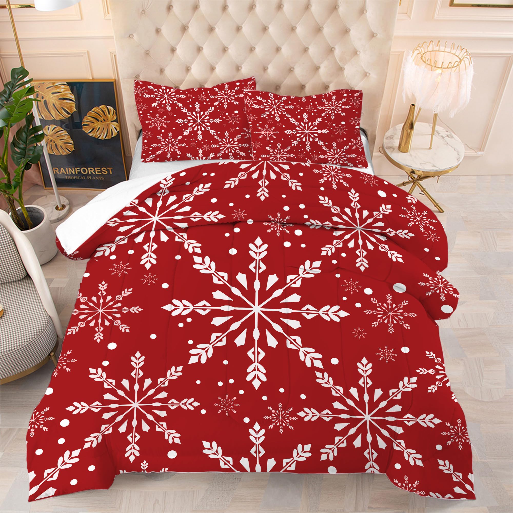 Comforter Set Christmas Snowflake: Twin Size Xmas White Snowflakes Red Bedding Sets for Kids Teen Girls Adult Winter Snow Festival Bedroom Decor Bed Set 1 Comforter & 1 Pillowcase