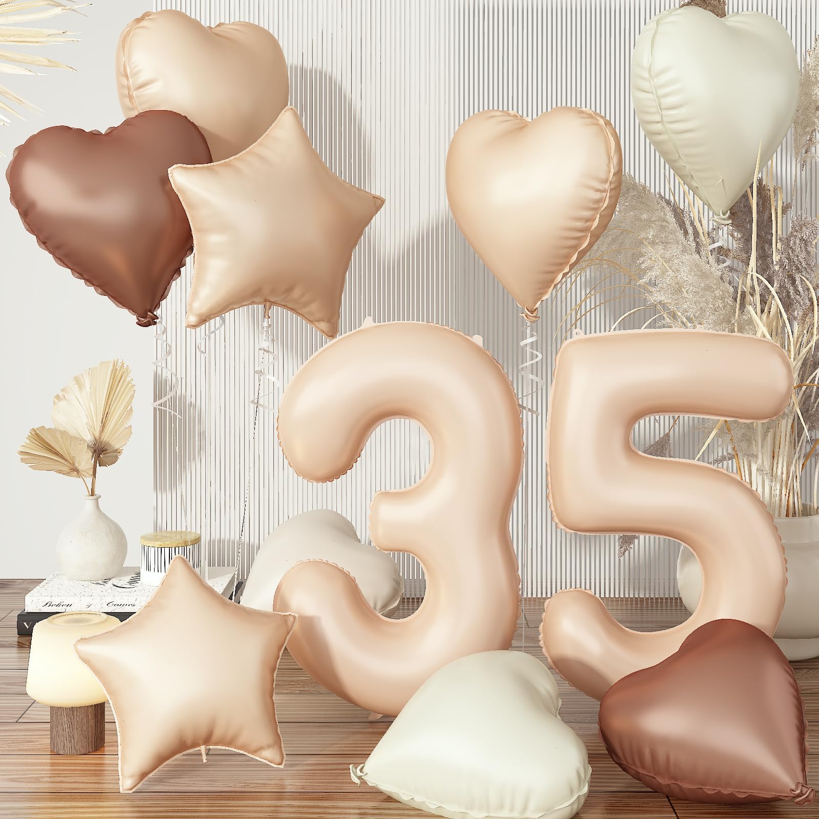 Large 35 Balloons Nude, Foil Brown Cream Apricot Beige Tan Number 35 Balloons Decor, Helium Sand White Taupe Neutral Heart Star Balloons for Women