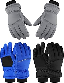 3 Pairs Kids Ski Gloves Cold Weather Waterproof Snow Gloves for Children (Black, Gray, Blue, 4-5 Years)