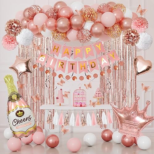 Rose Gold Birthday Party Decorations Kit for Women Girls, Foil Confetti Rose Gold Balloon Pink Happy Birthday Banner Fringe Curtains Butterfly Decor