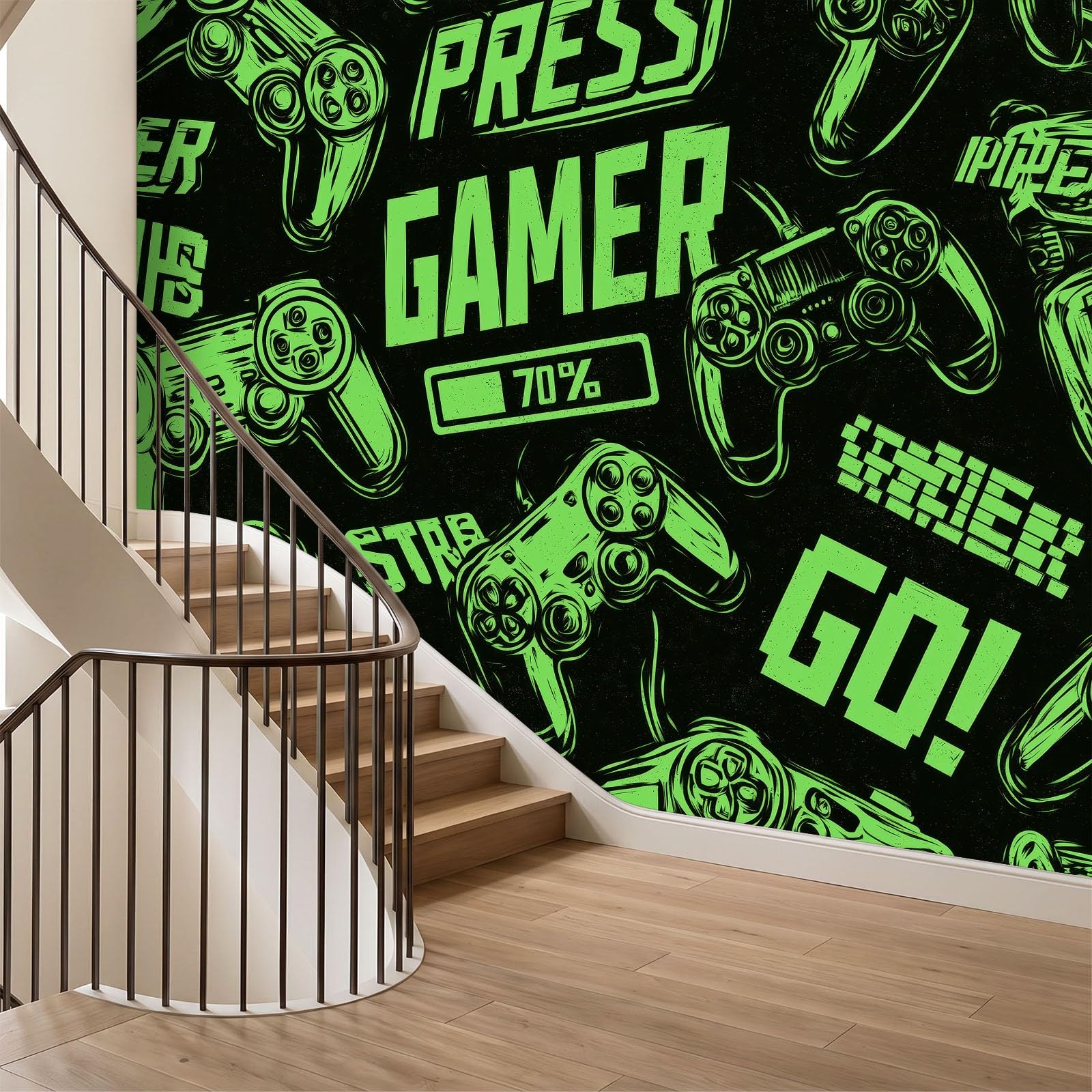 Tapeta mural 3D panoramiczne zdjęcie mural graffiti kontroler do gier fluorescencyjne zielone tło, dekoracja ścienna, tapeta, 250 x 175 cm, efekt 3D, plakat dekoracja do sypialni salonu