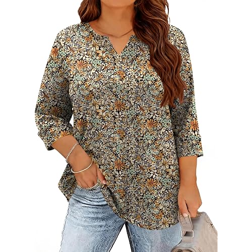 TFSDOD Plus Size Tops for Women V Neck T Shirt 3/4 Length Sleeve Blouse Dressy Casual Tee Loose Fit XL-5X