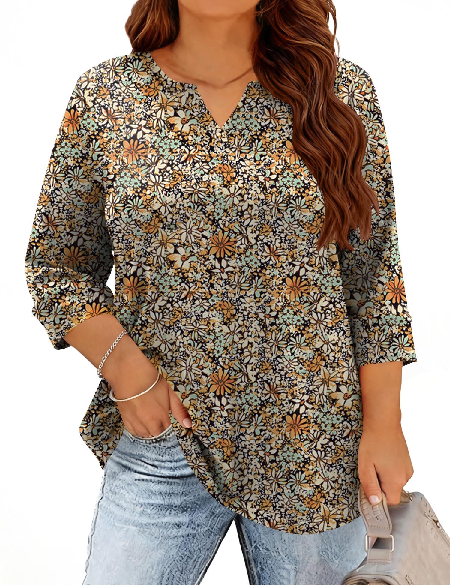 Plus Size Tops for Women V Neck T Shirt 3/4 Length Sleeve Blouse Dressy Casual Tee Loose Fit XL-5X-image-14