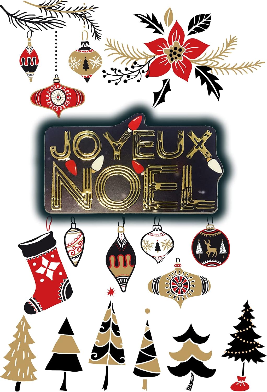 61-6053 Merry Christmas Card with Envelope and Collage Embossed Shiny Gold Glitter String Lights Balls Decorations Trees Poinsettia Star Stocking Gifts Santa