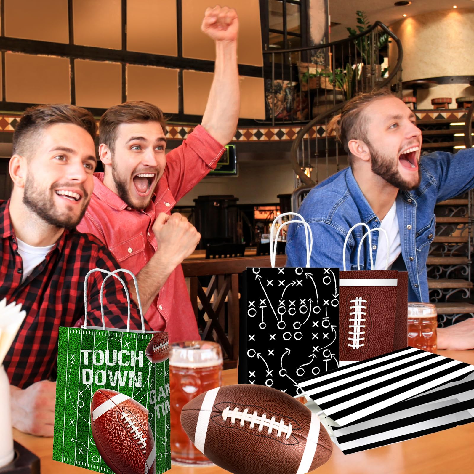 Juweked 12Pcs Football Gift Bags With Handle - Paper Goodie Bags for Snacks, Party Favors, Treats - Touchdown Game Time Party Decor