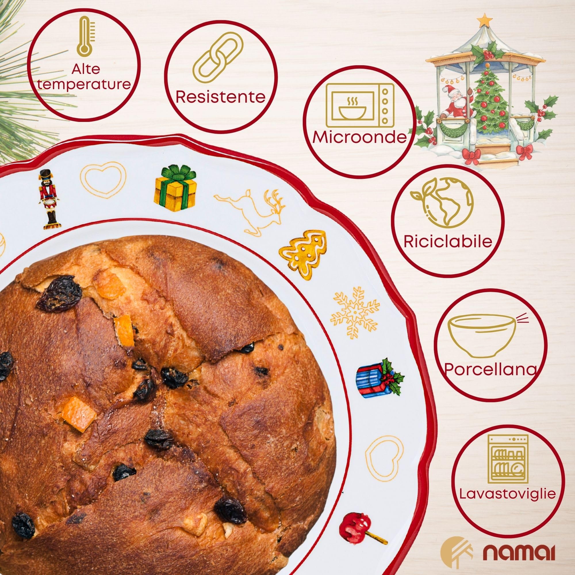 NAMAI - Piatto Panettone Natalizio 33 CM, Porcellana Resistente, Eleganza Natalizia, Adatto In Lavastoviglie e Microonde, Piatti Natalizi, Idea Regalo (Piatto Panettone)