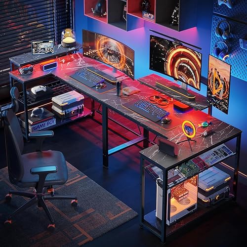 Miniatura 4 de Bestier Escritorio para juegos con tomas de corriente, escritorio para juegos en forma de L de 42 pulgadas con luces LED, escritorio con estantes de