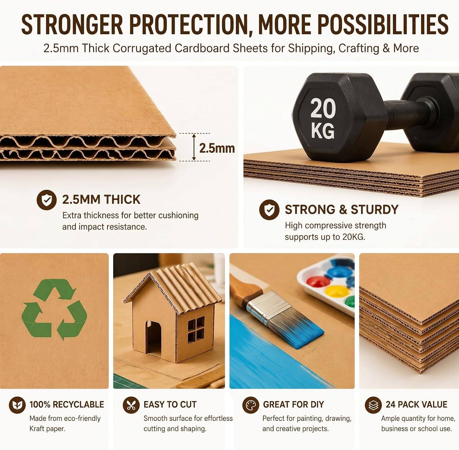 Harloon 24 Pack Corrugated Cardboard Sheets Set 20 x 30 Inch Kraft Brown Flat Packaging Inserts Packaging Cardboard Inserts 2.5mm Thickness for Packing Delivering Shipping Moving Mailing Crafts