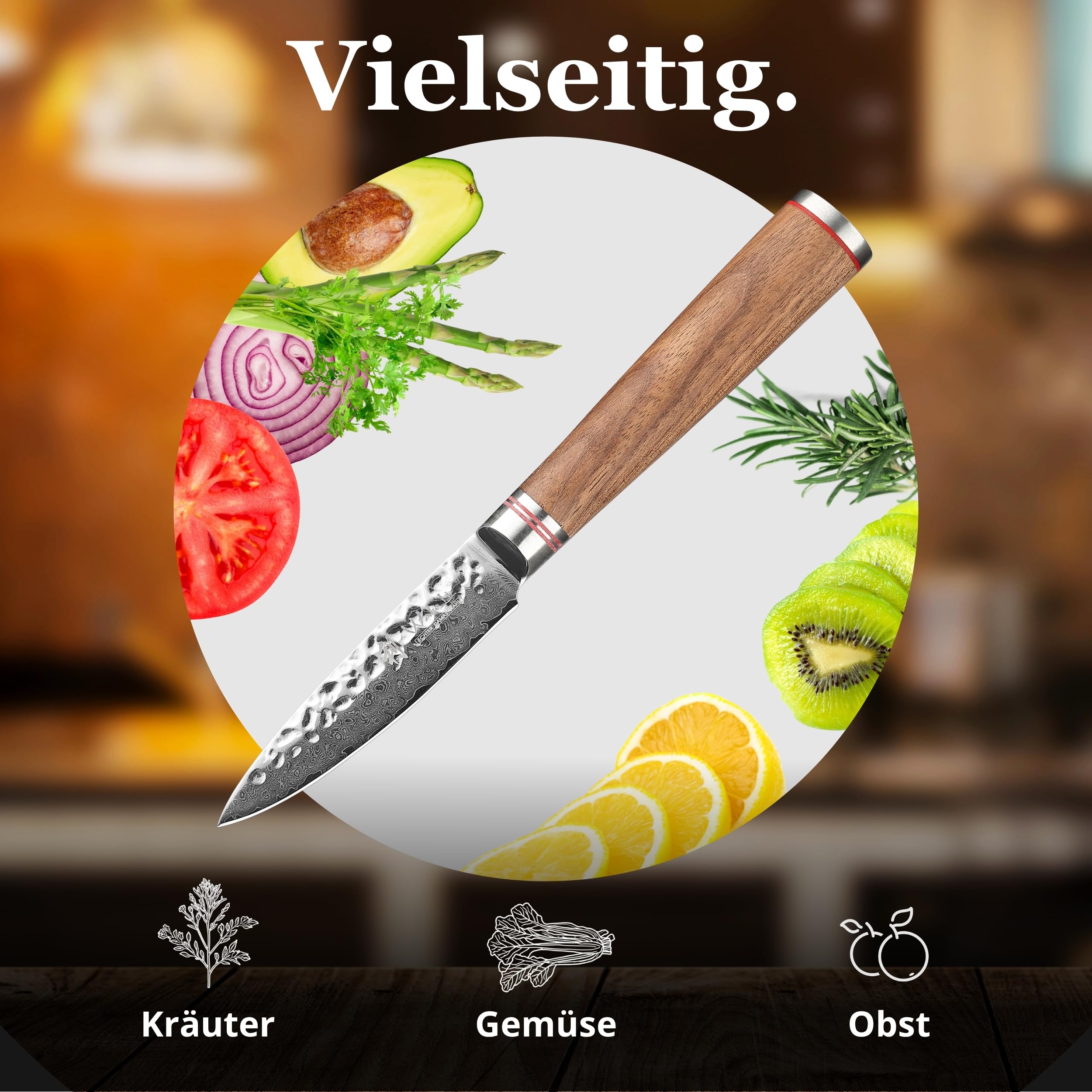 Wakoli Nussbaum Officemesser 9 cm aus 67 Lagen Damaststahl mit VG10 Kern | Mit Hammerschlag, Nussbaumholzgriff und 15° V-Schliff zum Schälen, Putzen und Dekorieren von Obst und Gemüse, in Geschenkbox