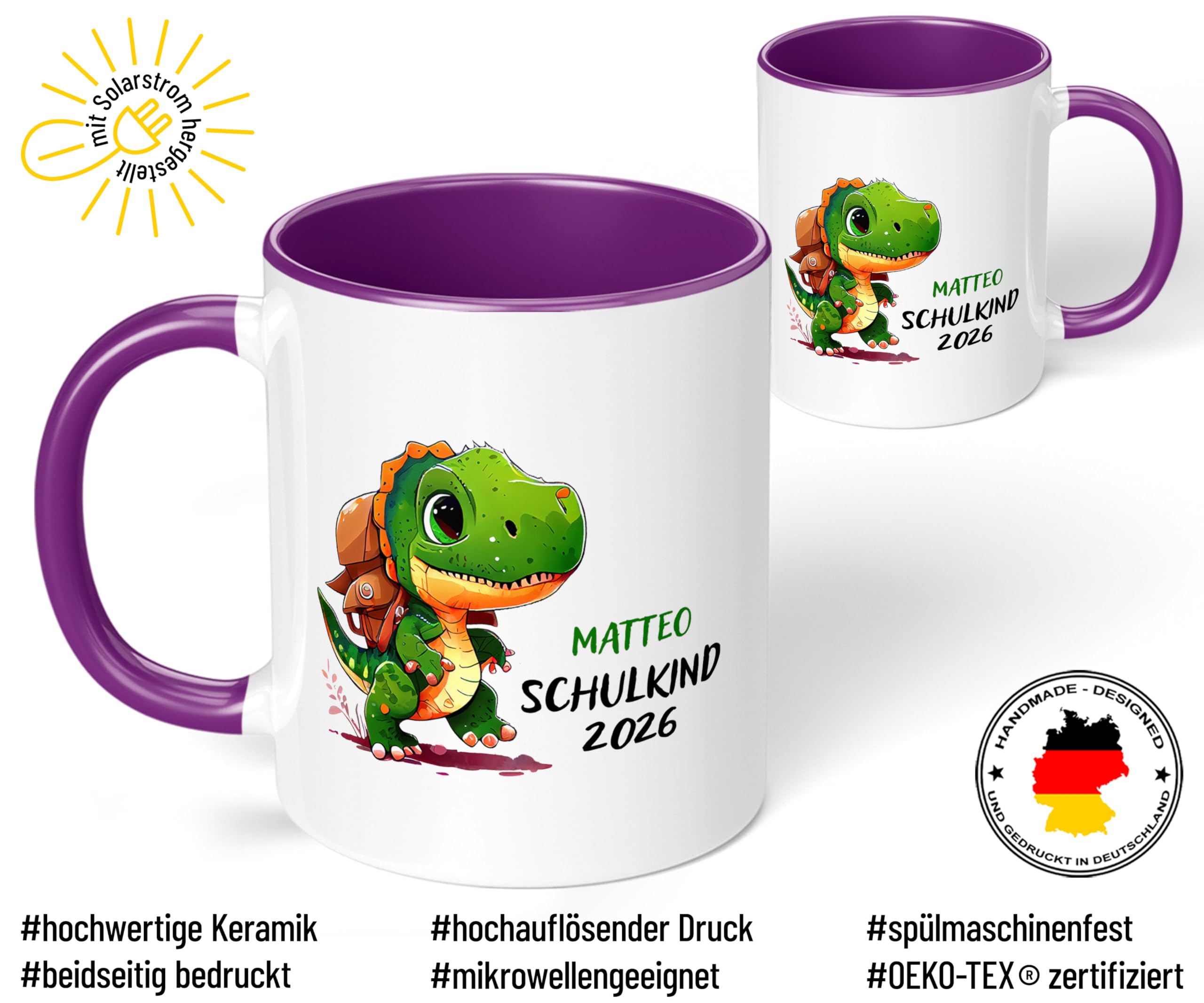 Geschenk zur Einschulung für Jungen: T-Rex Kinder-Tasse „Schulkind 2026“ - mit DINO-Motiv - personalisiert mit Namen Erstklässler - kleines Geschenk für Schüler 1. Klasse, Violett