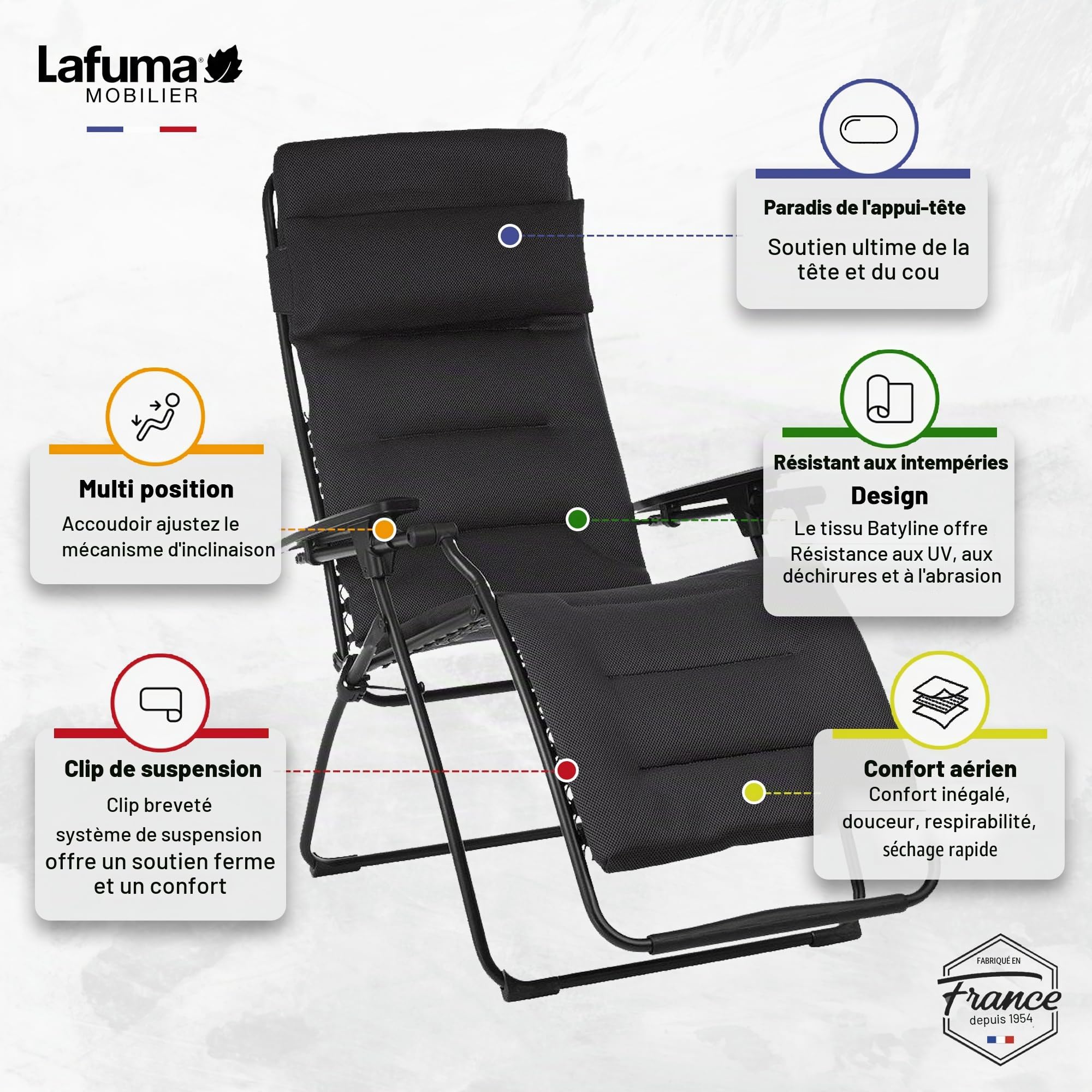 Lafuma MOBILIER - Fauteuil Matelassé Relax Zéro Gravité Futura - Chaise Longue Pliante Jardin et Intérieur - Toile AirComfort® Résistante - Transat Multiposition, Tout Confort, Fabriqué en France