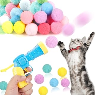 MeoHui 31Pcs Cat Ball Launcher Gun Toy - 30 Plush Fuzzy Balls Fetch Interactive Toys for Bored Indoor Cats & Kittens