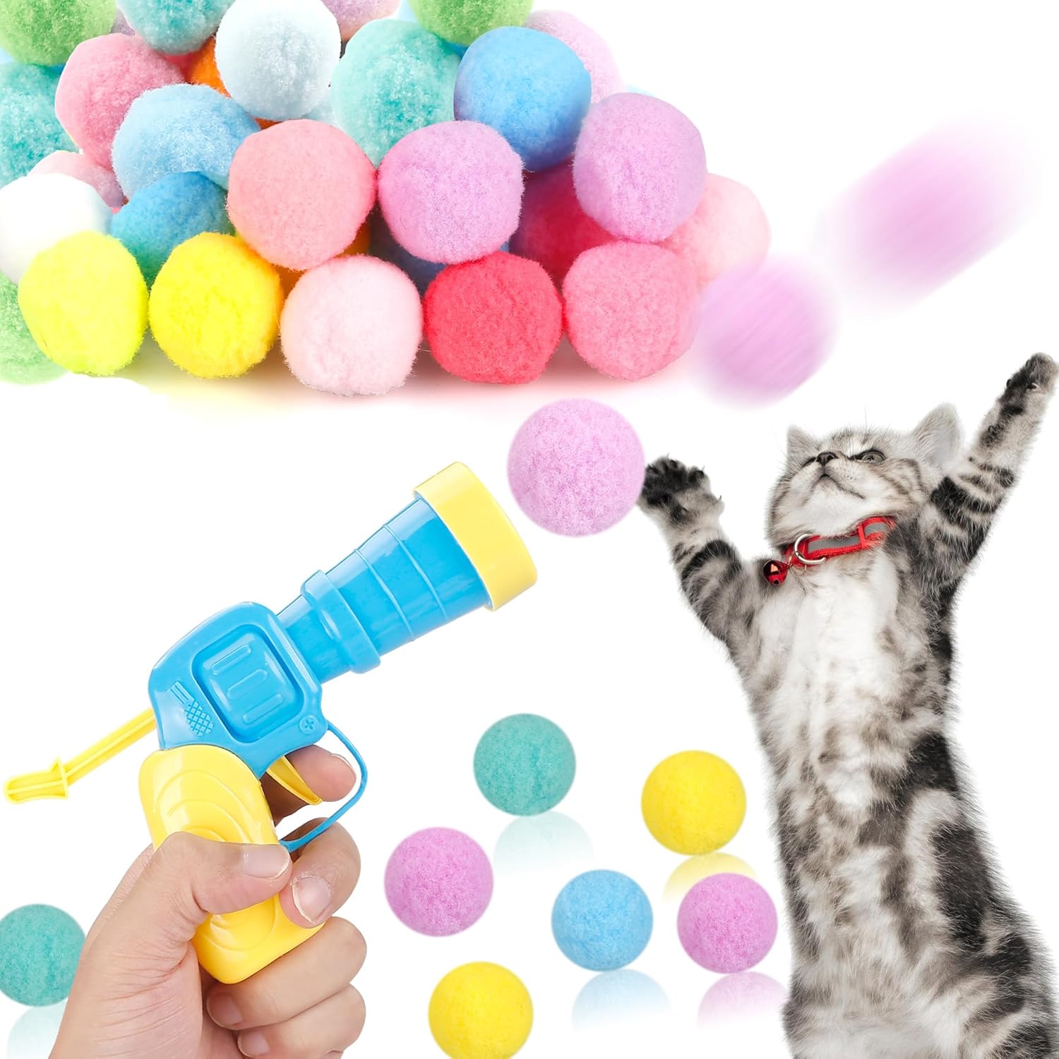 MeoHui 31Pcs Cat Ball Toy Launcher Gun,Cat Balls Fetch Toy,30Pcs Plush Fuzzy Balls Launcher Cat Toy for Cats with 1 Gun,Funny Interactive Cat Toys for Bored Indoor Adult...