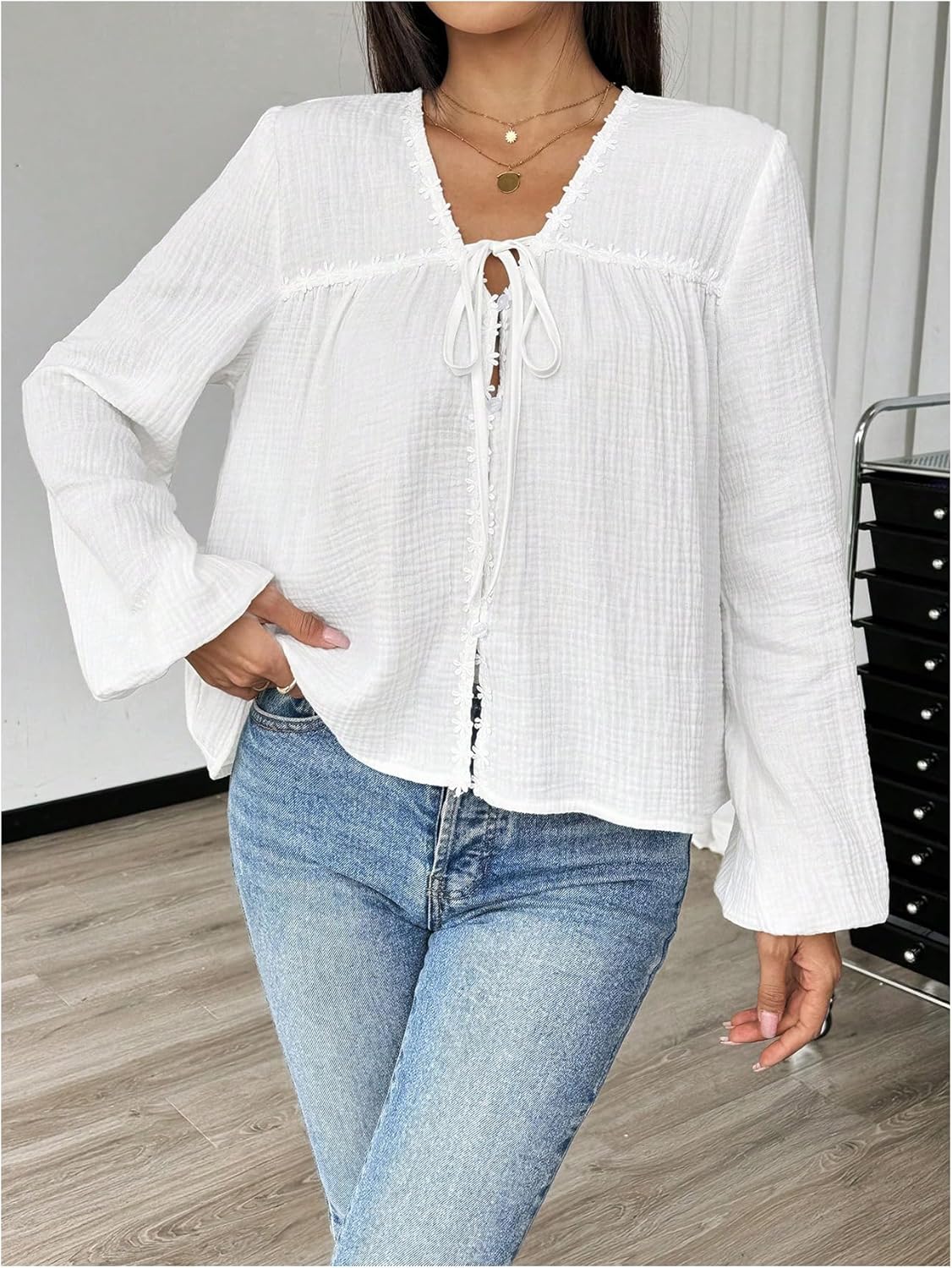 Floerns Women's Bishop Sleeve Tie Front Blouse Top V Neck Loose Fit Casual Shirts - Image 2