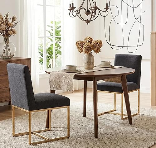 Miniatura 9 de VESCASA Juego de 2 sillas de comedor tapizadas de lino, sillas acolchadas modernas de mediados de siglo con marco de metal dorado para restaurante,