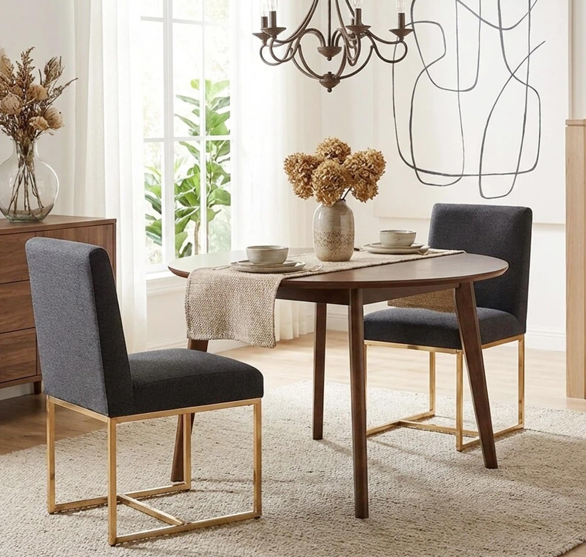 VESCASA Linen Upholstered Dining Chairs Set of 2, Mid Century Modern Padded Chair with Gold Metal Frame for Restaurant, Dining Room, Kitchen, Charcoal