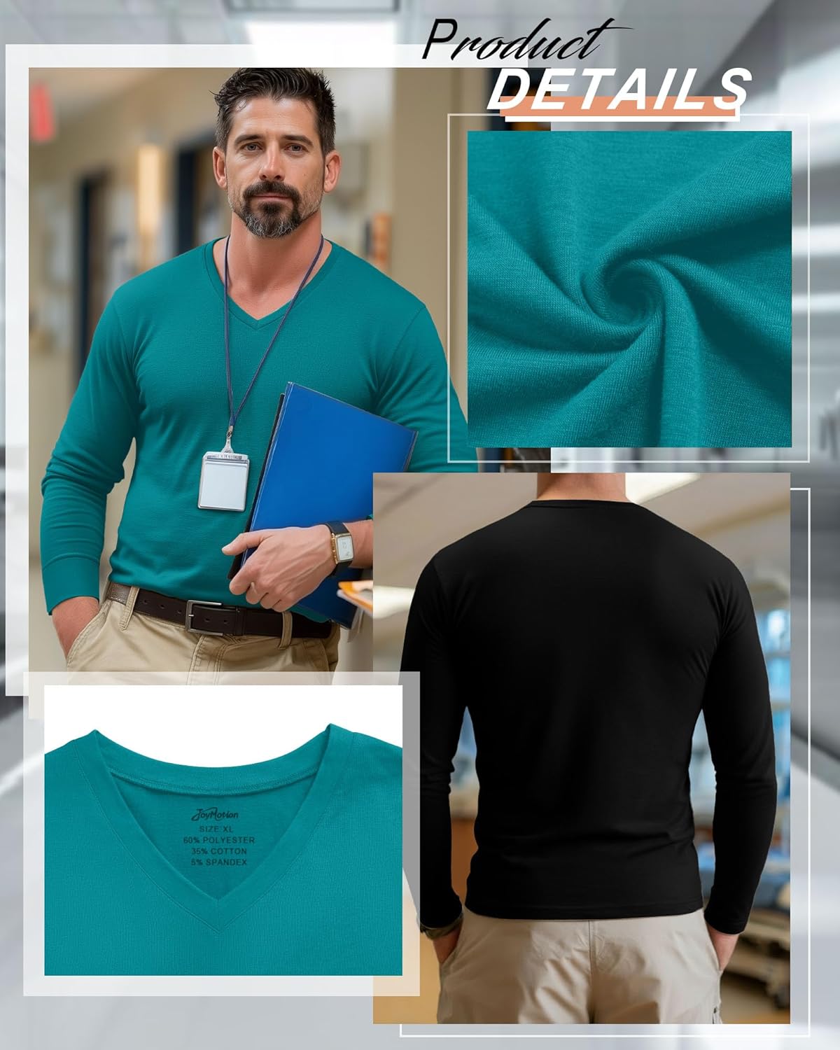 3 Pack Men's Big and Tall Undershirts Long Sleeve V Neck Shirts Base Layer Comfort Basic Tops Under Scrubs - Image 3