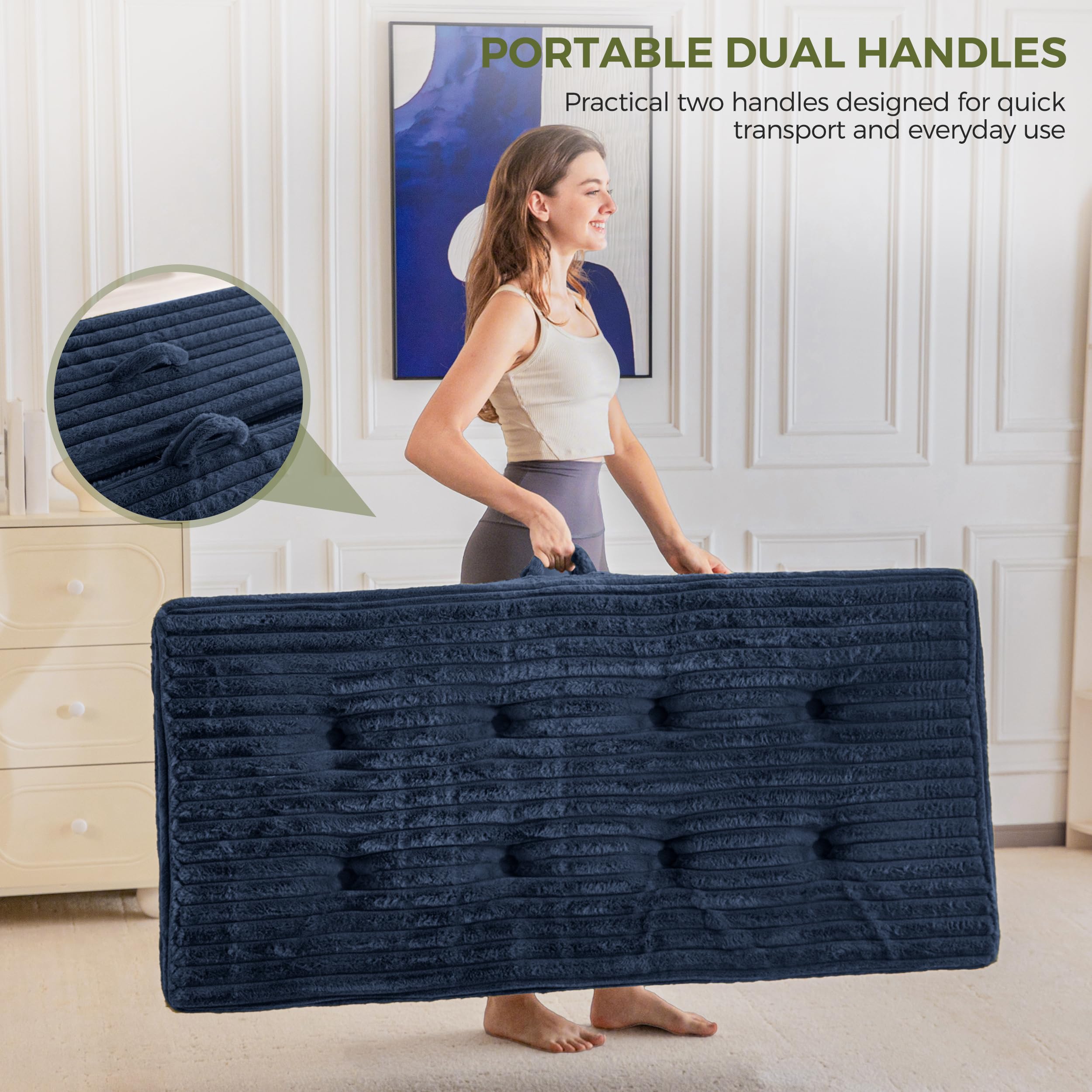 MAXYOYO Matelas składany 190*135*15cm, Matelas składany wypełniony 15 cm z powłoką z wysokiej jakości sztucznego futra, składany futon do salonu/pokoju gościnnego w trzech częściach