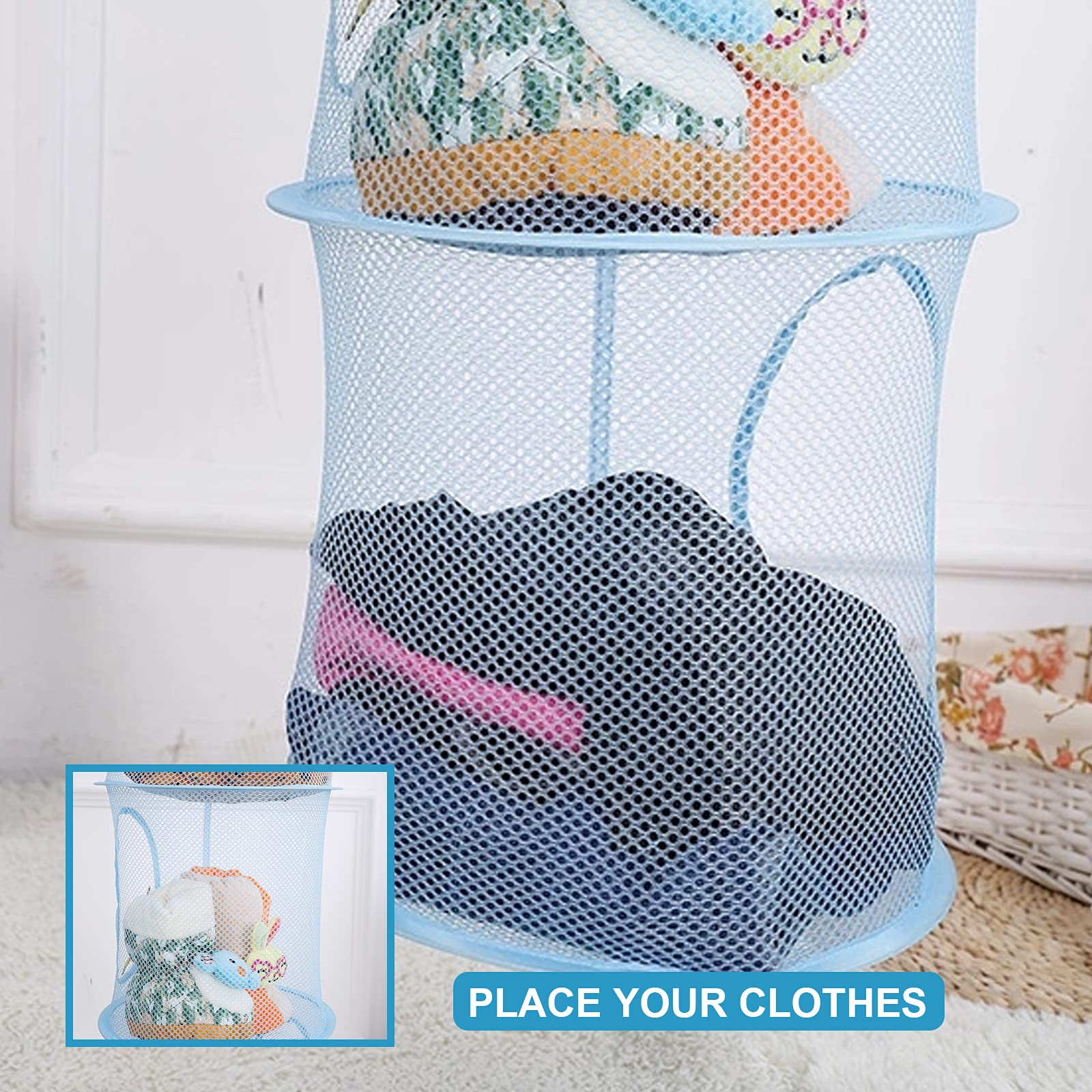 UESDU Hangende opbergmand voor kinderen, 2 stuks opbergnetten om op te hangen, 4 etages, knuffeldier, opbergkast, netstof, speelgoed, rek voor speelgoed, kleine kleding