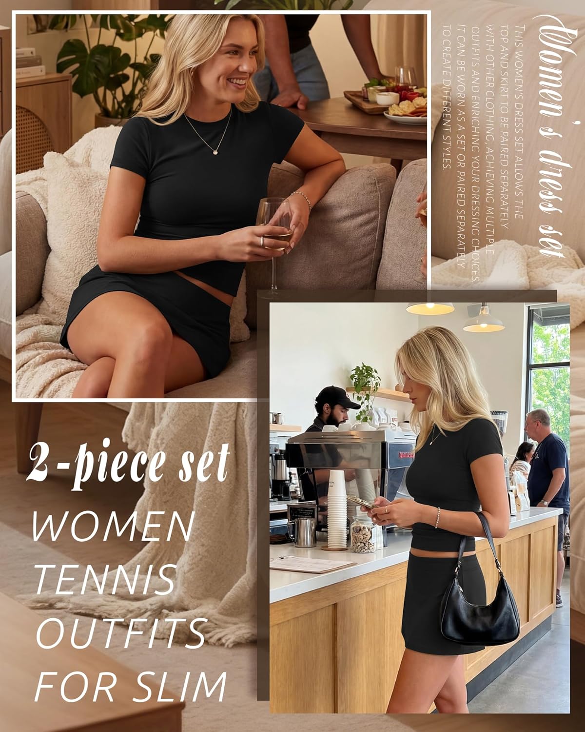 Riyiper Two Piece Skirt Set for Women Workout Shirts Basic Tops Tennis Shorts Skirts Crew Neck Lounge Sets Slim Fit Outfits - Image 4