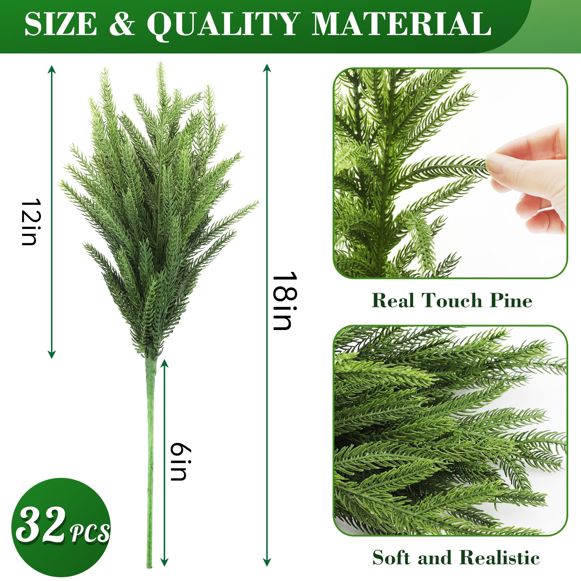 WeGuard Künstliche Norfolk-Kieferzweige fühlen sich echt an, 45,7 cm, künstlicher Zedernstiel, künstliche Weihnachtsgrün-Picker für Vasen, DIY-Girlande, Kranz, Weihnachtsdekoration, Heimdekoration, 32