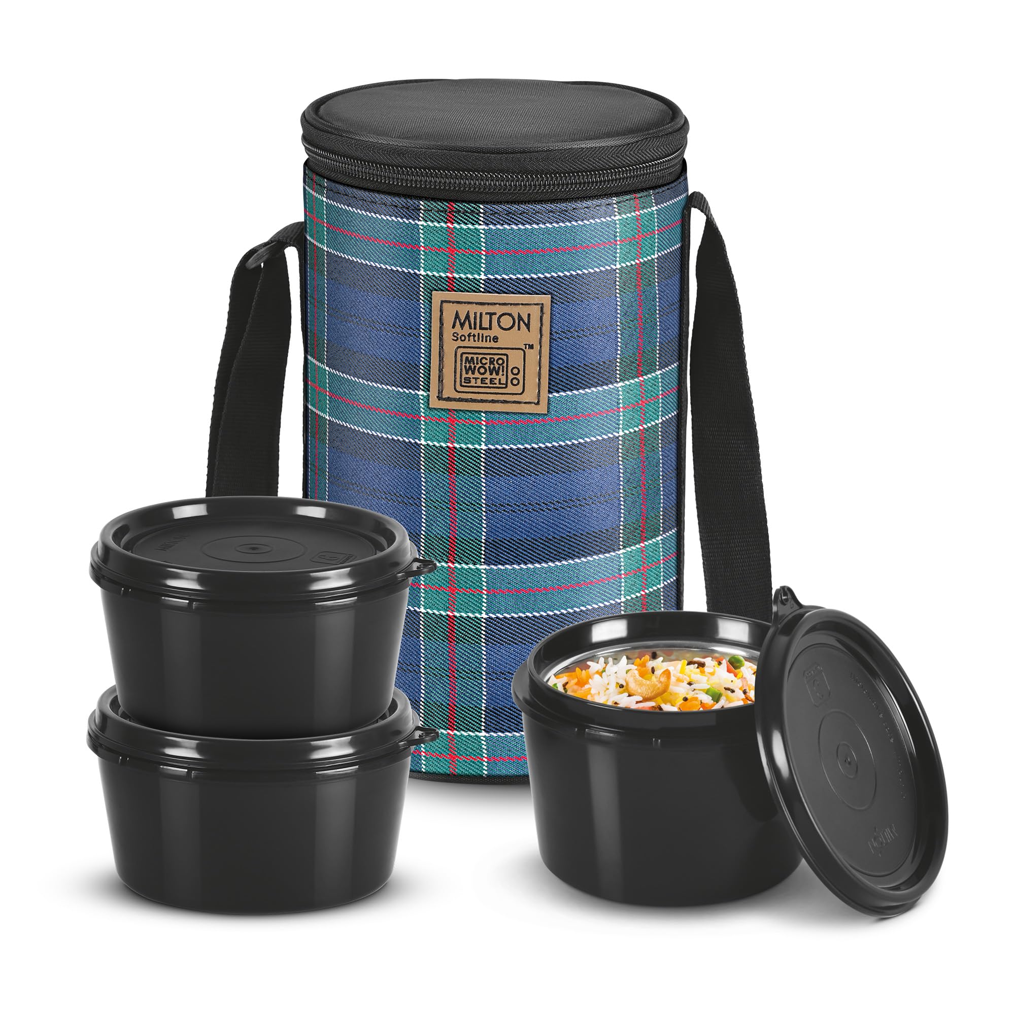 MILTON Lofty Lunch Box with Insulated Fabric Jacket, 3 PU Insulated Inner Stainless Steel Containers (1 x 320ml, 2 X 450ml Each), Microwave Safe & Leakproof Tiffin for Office, College, Navy Blue