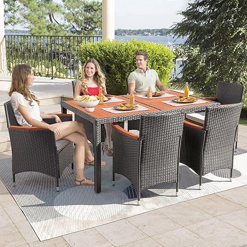 Miniatura 2 de Flamaker Juego de comedor de 5 piezas para patio, mesa y sillas de madera de acacia al aire libre con cojines suaves, muebles de patio de mimbre