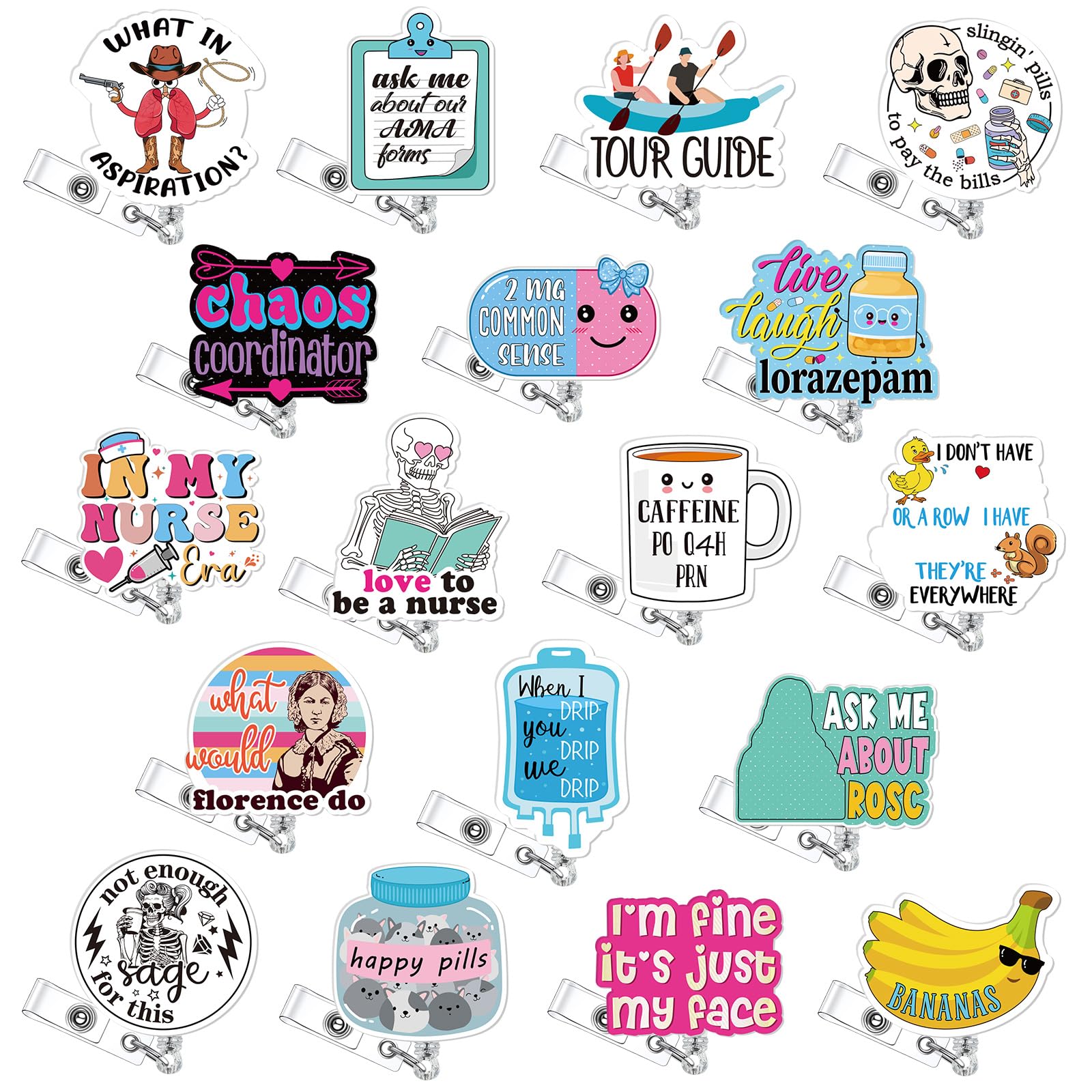 Geyoga 18 Pcs Funny Nurse Badge Reel Cute Retractable Nurse Badge Reel Holder ID Clips for Doctor Student Men Women Office Nurses Lanyard Supplies