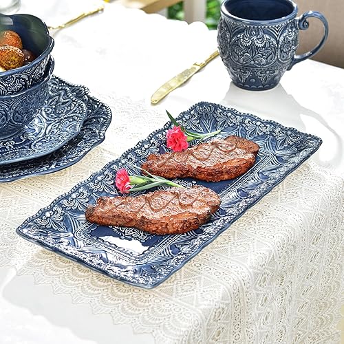 Miniatura 2 de Sungmor Juego de vajilla de porcelana de estilo anaglifo antiguo barroco, platos rectangulares de 14 pulgadas, platos de ensalada de cena, bandejas
