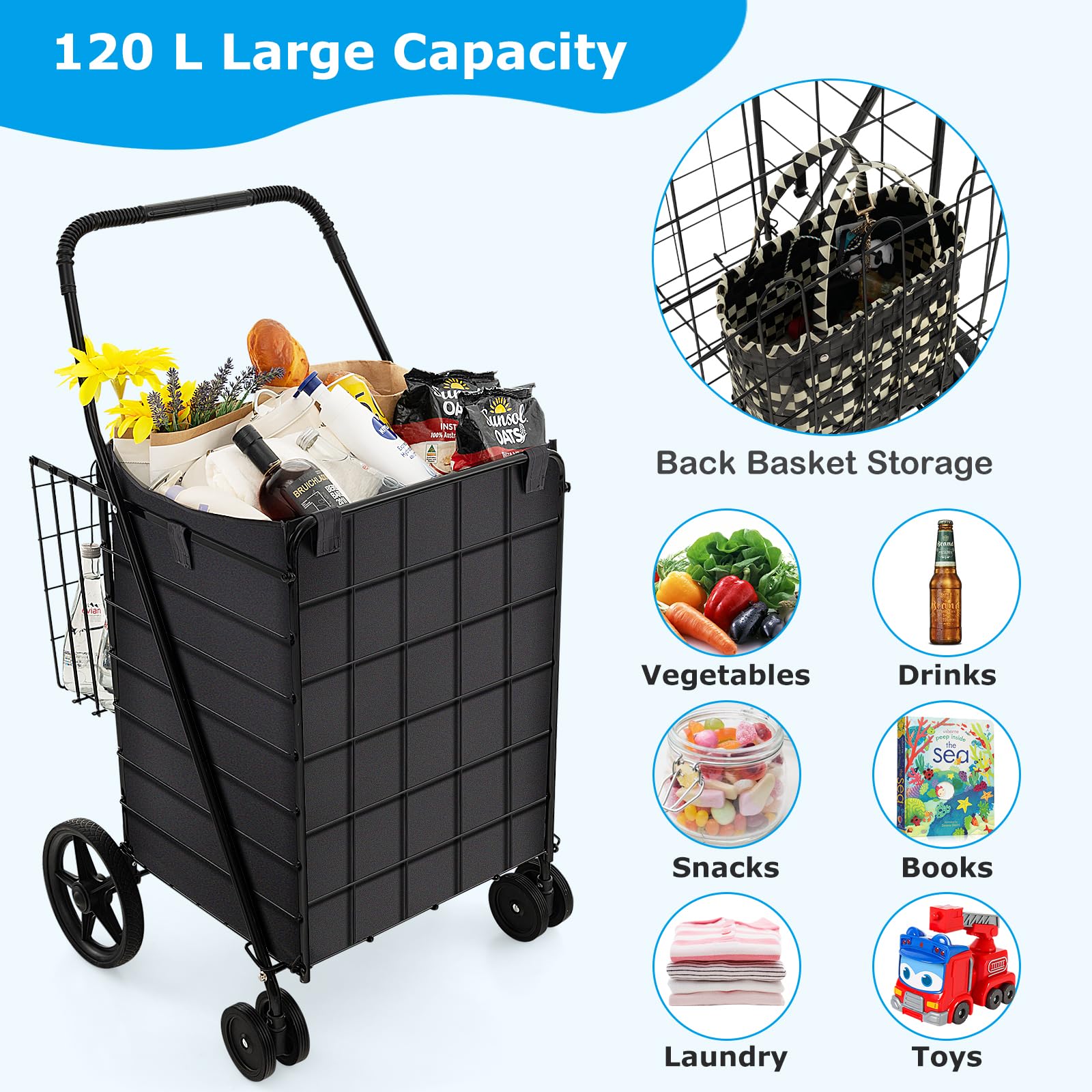 Jumbo wózek spożywczy 120 l z 6 kółkami, wyjmowana wkładka, antypoślizgowy uchwyt, przenośny wózek użytkowy do artykułów spożywczych, pralni i łatwej mobilności