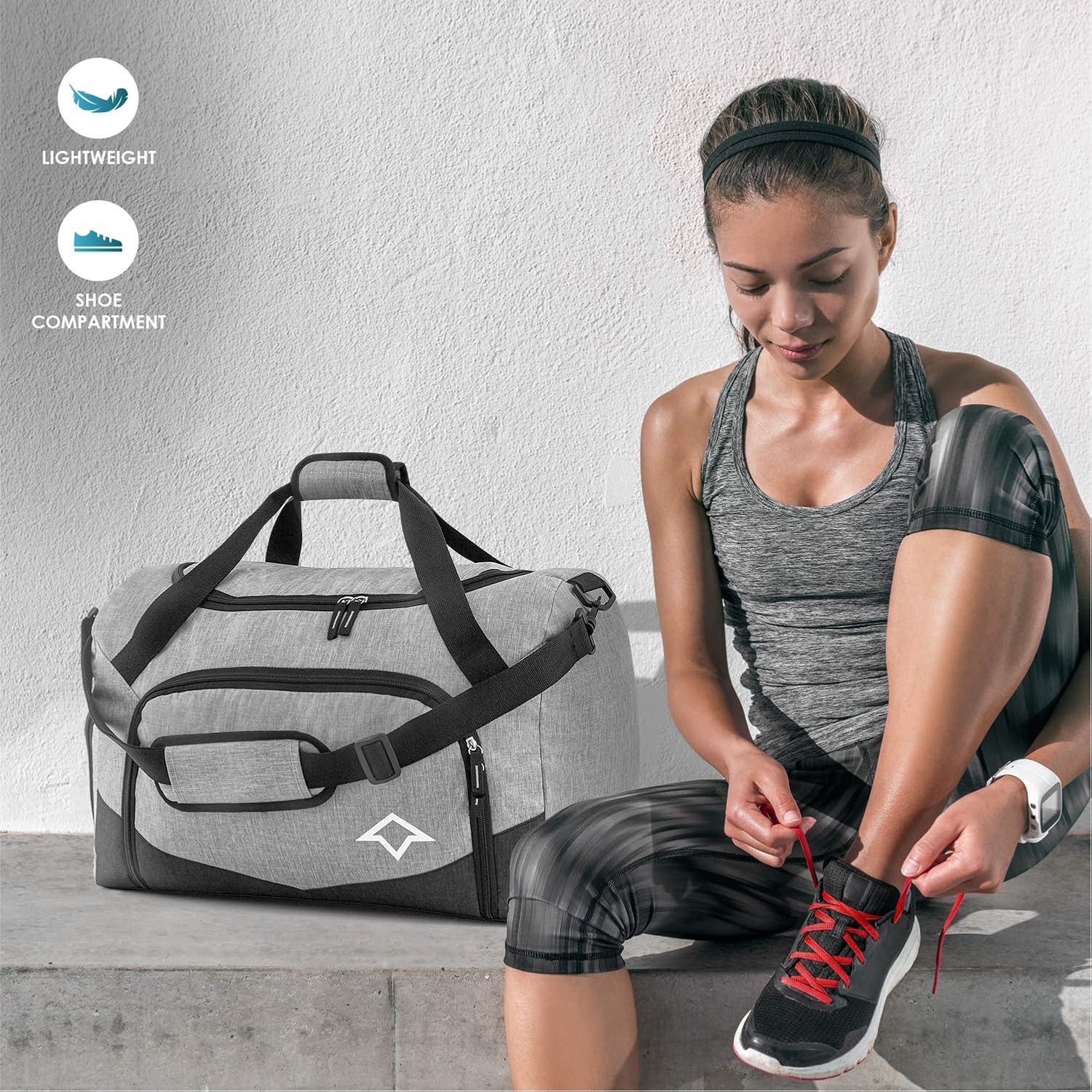 Skyllup 5-in-1 Gym Bag with Shoe Compartment Bundle + 2x Wet Bags + 2x Microfiber Towels, 50L Gray Duffle Bag for Fitness, Sports, Workout and Travel, Waterproof Weekender Bag for Men and Women