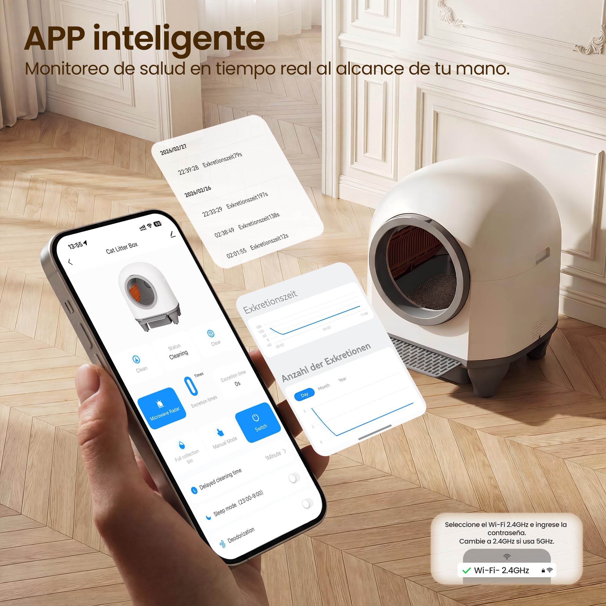 Arenero Gatos Autolimpiable con App, Caixa de Areia para Gatos Automatico de 90 L con cajón de heces de 8,5 L para más de una Semana, Sistema aromático y sensores Radar, Ideal para Varios Gatos. | Bandeja de arena autolimpiable con seguridad múltiple, con