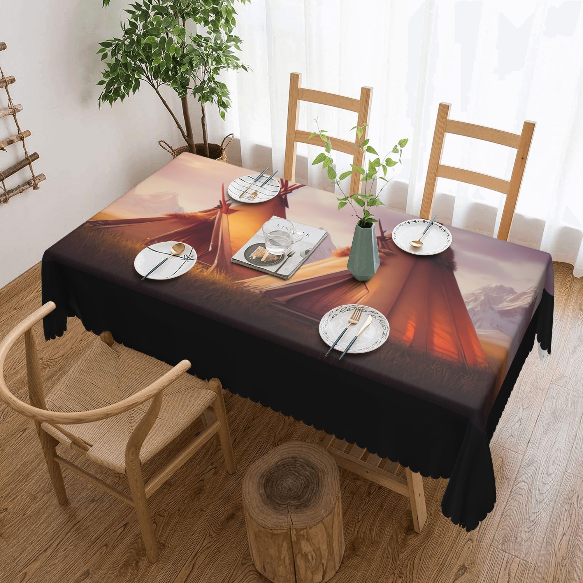 Generated Teepee American Indian First Nation-2 Tablecloths Polyester Table Cloth for Kitchen Dinning Table Washable Table Cover for Parties Wedding Picnic 54x72in
