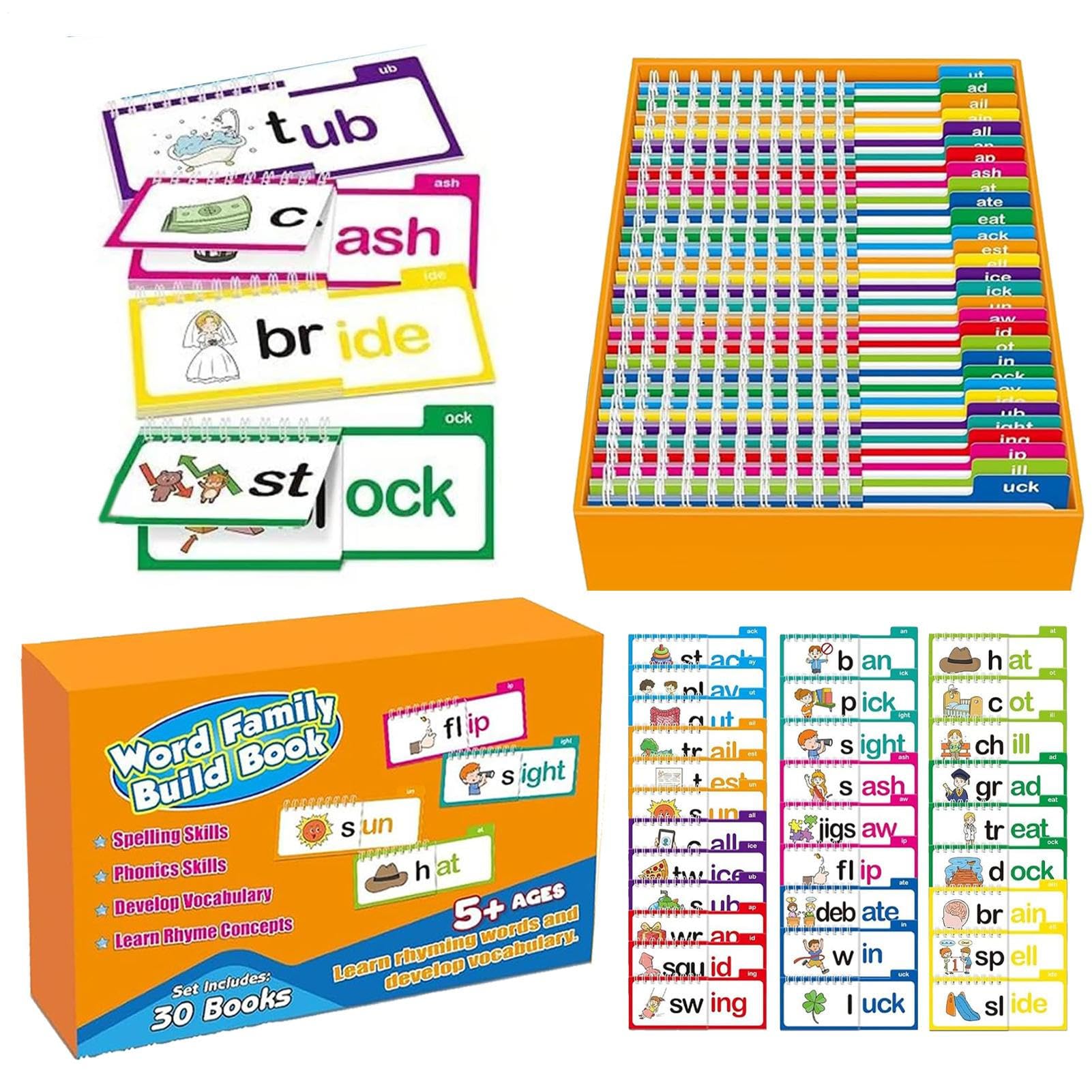 30 Pieces Word Family Build Book Read and Rhyme Book Word Family Flash Cards Vocabulary Flashcard Early Educational Tool for Kids Ages 4-8 Homeschool Kindergarten