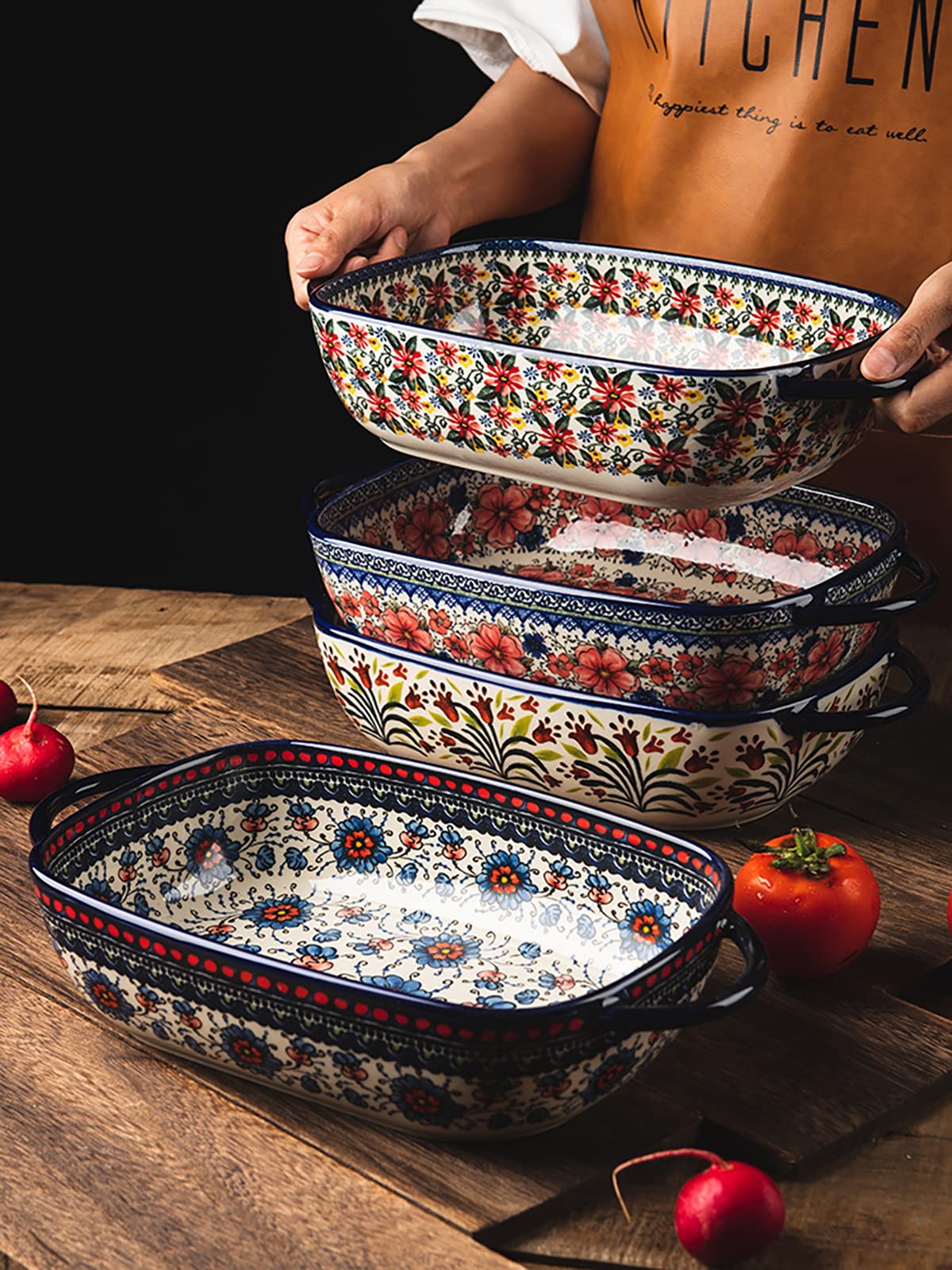 Teglia Da Forno In Ceramica Vintage Con Motivo A Tulipano, 13x7.4x2.8 Pollici (1.7 Litri). Con Manici, Adatta A Lasagne, Torte E Arrosti. Microonde E Lavastoviglie.