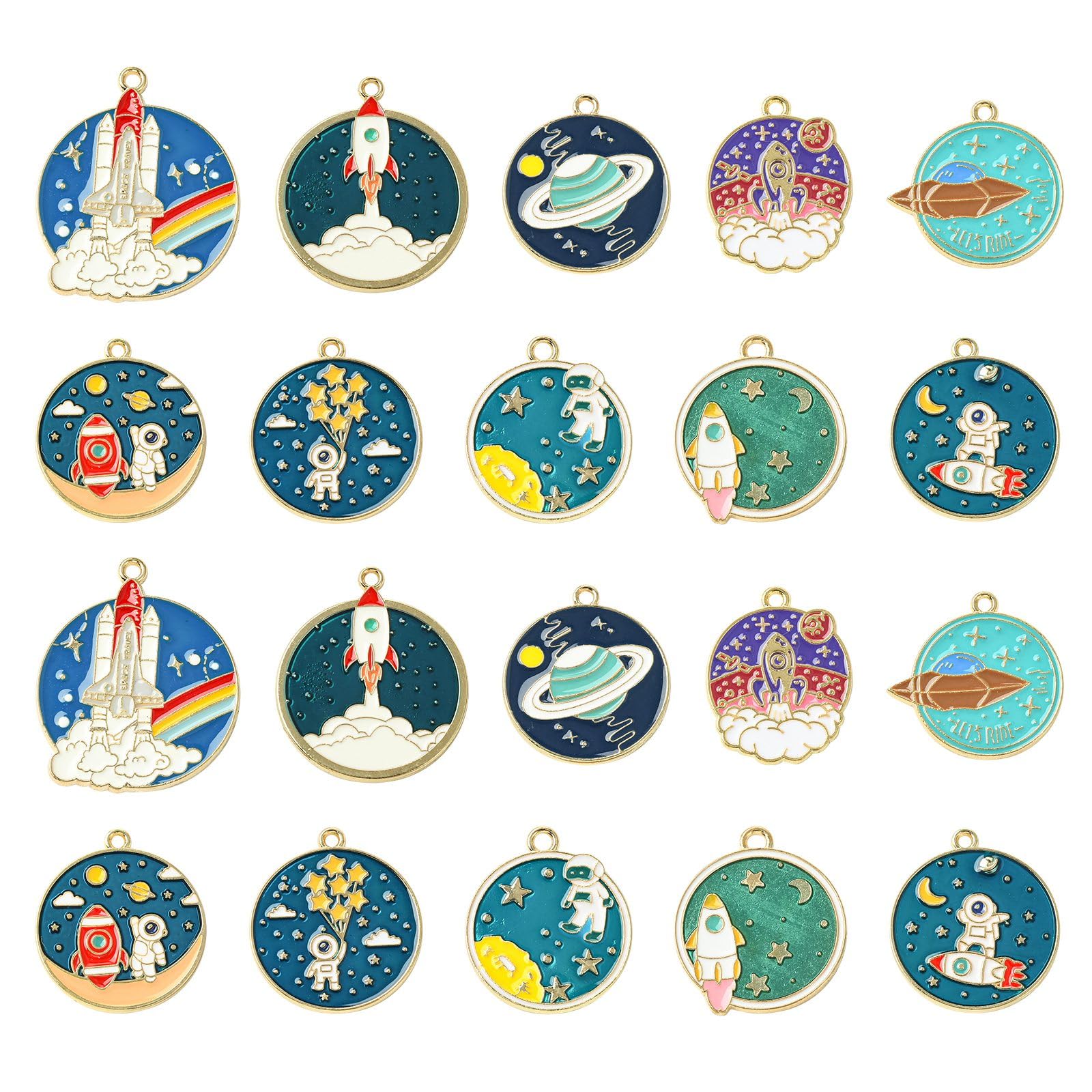 Stiesy 40Pcs 10 Styles Enamel Space Charms Astronaut Spacecraft Pendant Charm Universe Planet Rocket Dangle Charms for Jewellery Making DIY Bracelet Crafting