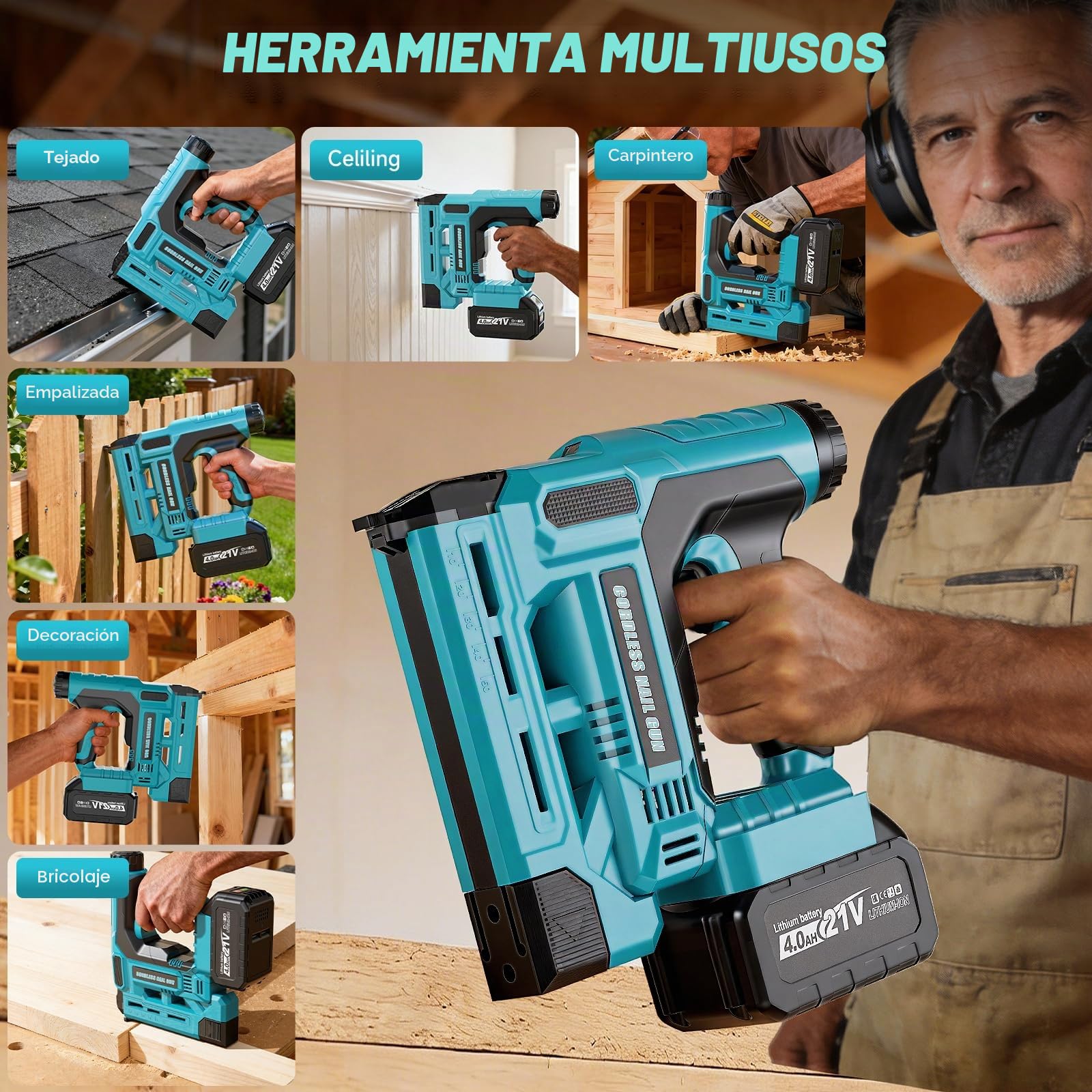 Clavadora a Batería 2 en 1 y Grapadora Eléctrica Compatible con Batería Makita 18V, con 1 Batería de 4.0 Ah, 1000 Clavos y 1000 Grapas – Ideal para Carpintería, Bricolaje y Tapicería