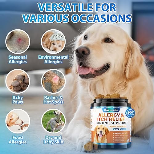 Miniatura 5 de Masticables para alergias para perros, 200 masticables, apoyo para aliviar la picazón de la piel del perro, probióticos Omega 3 para perros, alivio