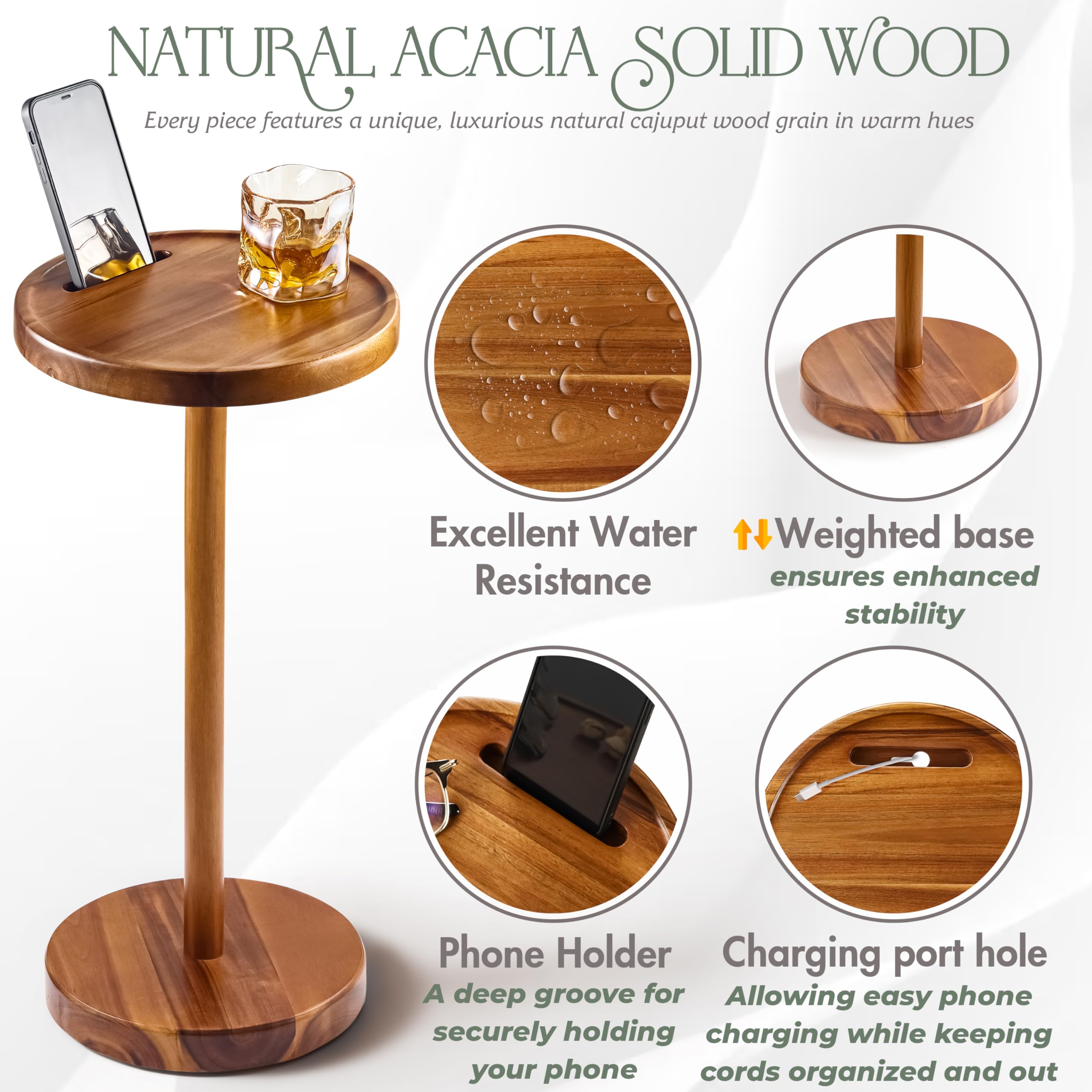 BLUEWEST Mesa auxiliar compacta de 24.4 pulgadas de alto con ranura para teléfono y base pesada, mesa de pedestal duradera para sala de estar (Acacia, base individual)