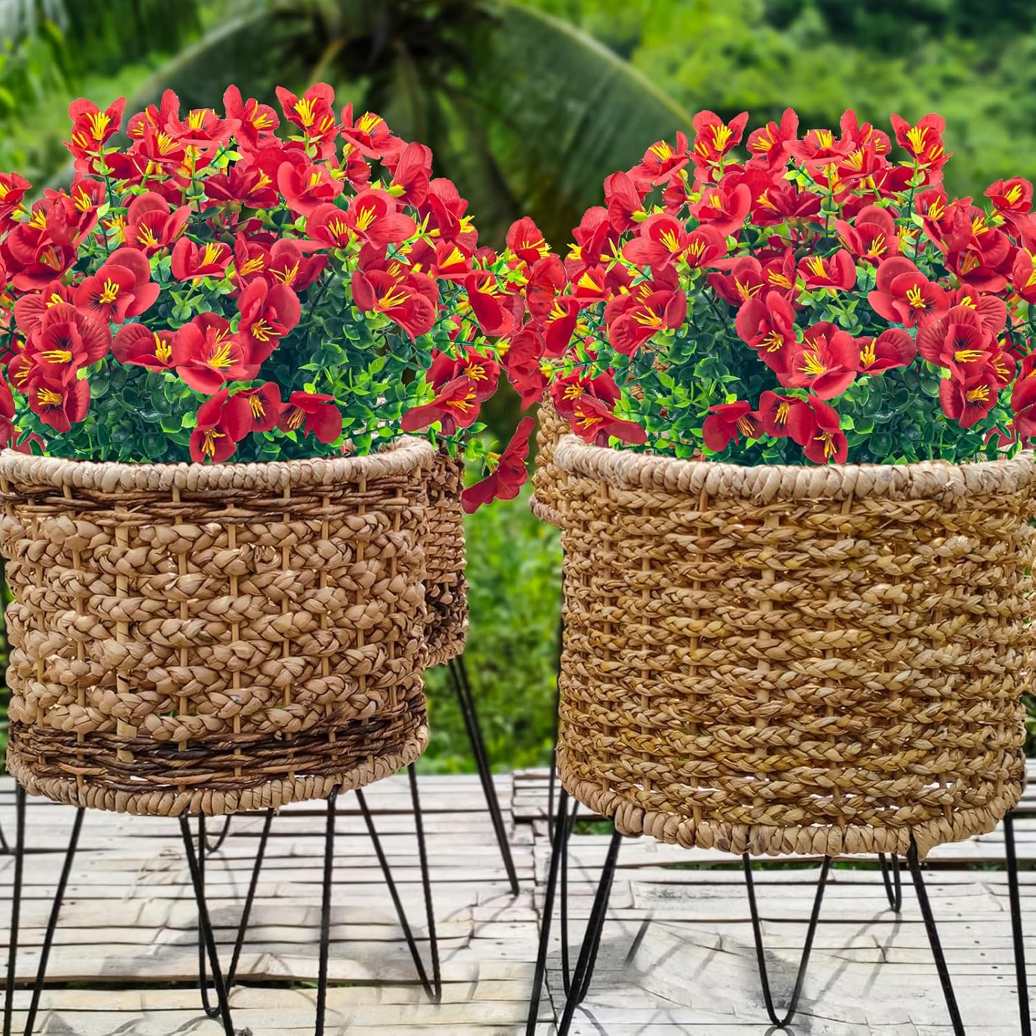 8 Bundles Artificial Fake Flowers Outdoor,UV Resistant Outside Faux Plastic Flowers Shrubs for Outdoors Patio Garden Porch Décor(Red) - Image 7