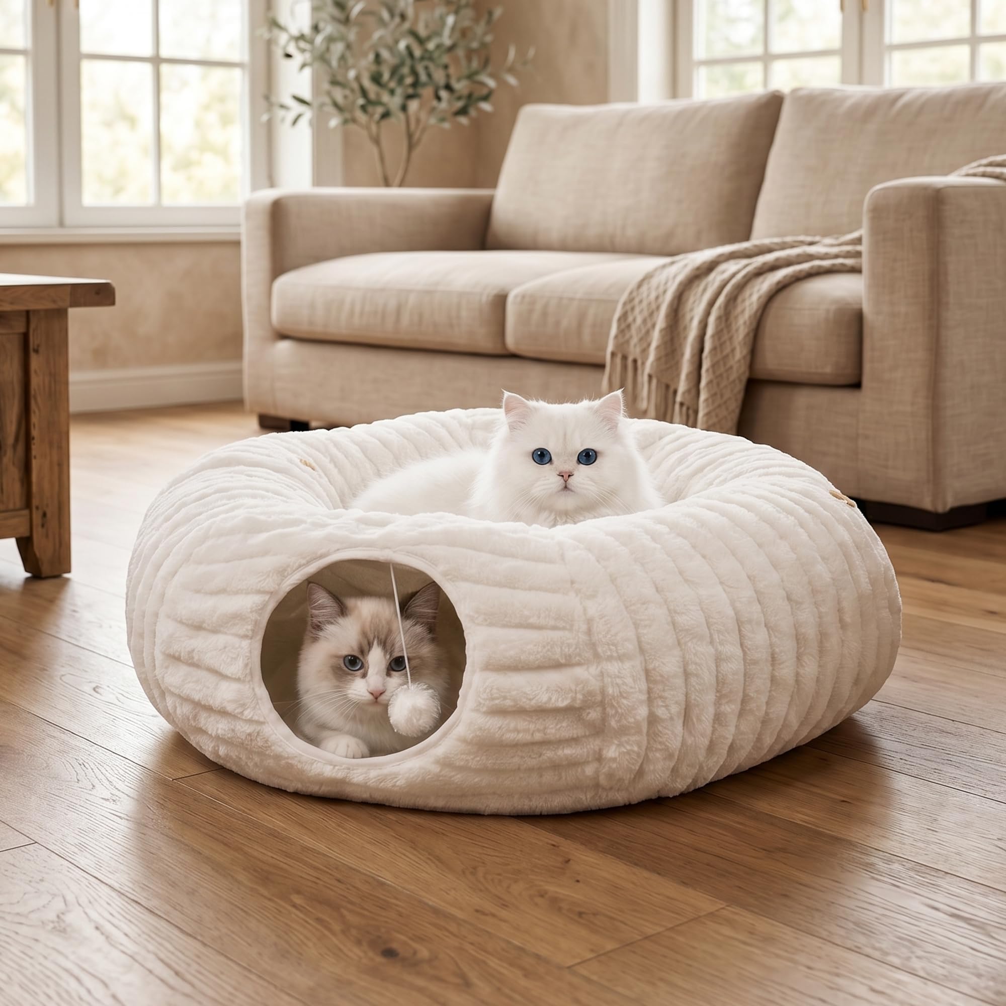 Dogpals Cat Tunnel Bed Cave 35" Lx11.8 Wx11.8 H for Indoor Cats (White)