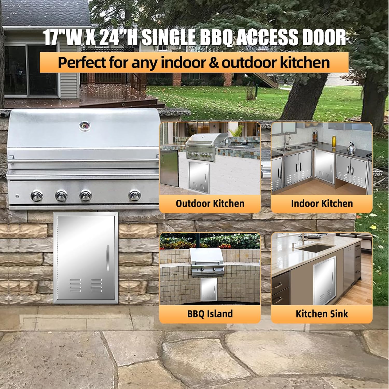 BBQ Access Single Doors 17Wx24H Left Open Flush Mount Stainless Steel Outdoor Kitchen Door with Reinforced Door Hinges and Vents for Outside Cabinets and BBQ Island