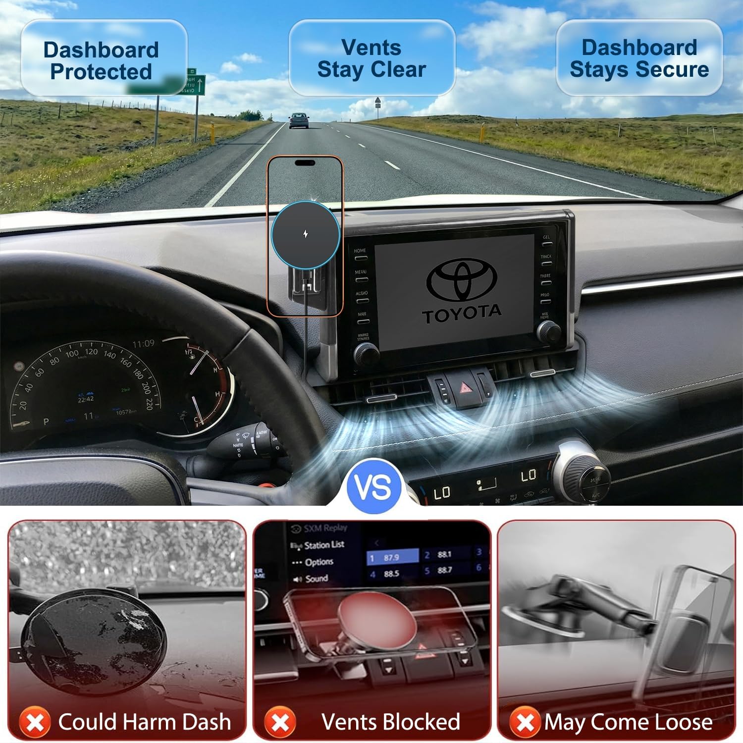 for MagSafe Car Mount Charger, Car Phone Mount for Toyota RAV4 2019–2025 7/8-Inch Screen [15W Wireless Charging], OEM-Style Fit, 360° Rotation Phone Holder Compatible with MagSafe, No Vent Blocking